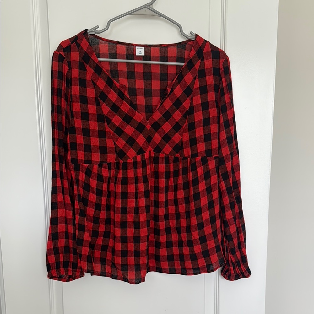 Old Navy Red and Black Relaxed Wrap Blouse